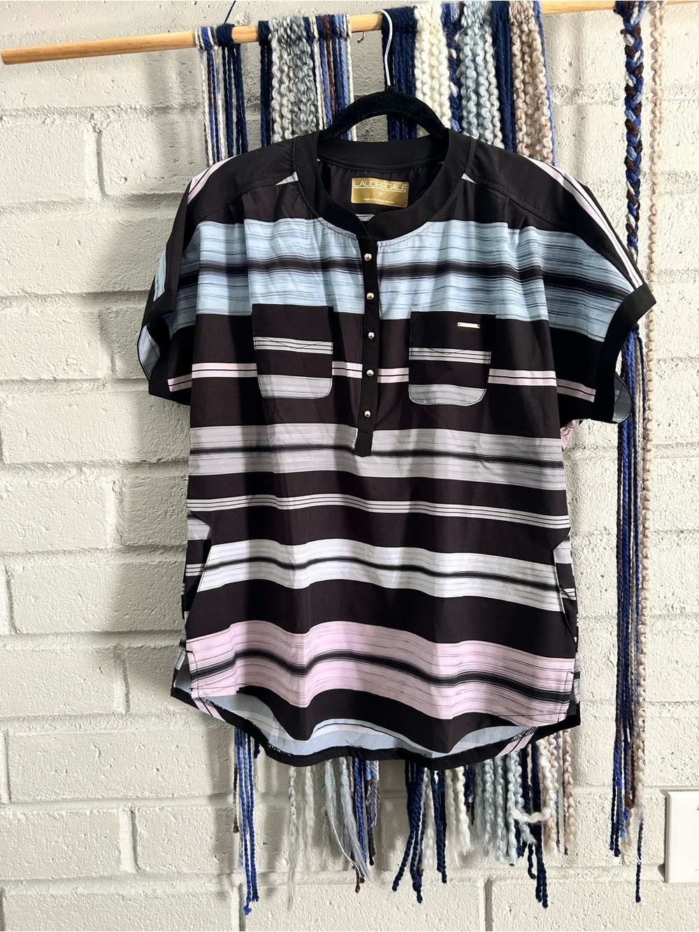 Allegra K Striped Short-Sleeve Henley Blouse in Black with Pastel Blue & Pink